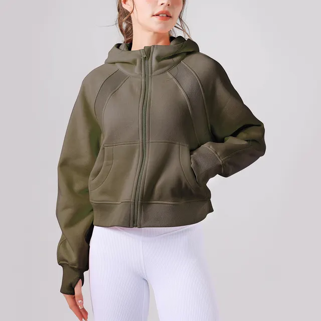 Fleece lined Yoga Clothes Hooded Sweater Loose Thick Casual Zipper Sports Top Army Green - Shop at LoveMi