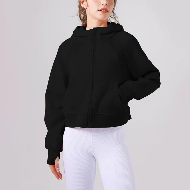 Fleece lined Yoga Clothes Hooded Sweater Loose Thick Casual Zipper Sports Top Black - Shop at LoveMi