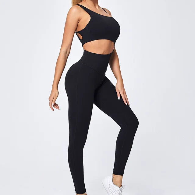 Free Shoulder Strap Slim Fit Hip Raise Fitness Nude Feel Sports Yoga Jumpsuit Women Black - Shop at LoveMi