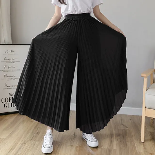 Loose fitting Pleated Chiffon Wide leg Women's High Waist Straight Skirt Pants Black - Shop at LoveMi