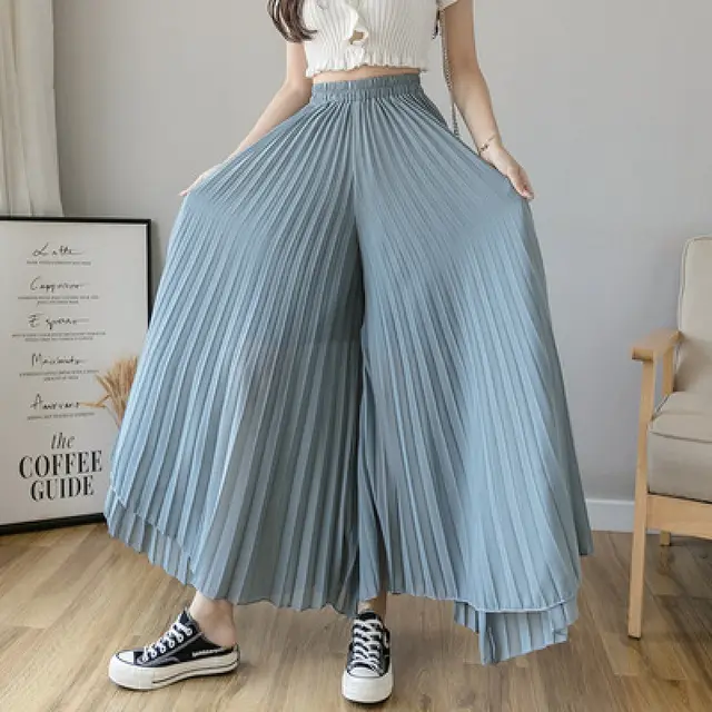Loose fitting Pleated Chiffon Wide leg Women's High Waist Straight Skirt Pants Blue - Shop at LoveMi
