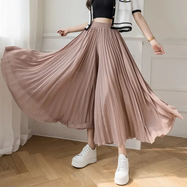 Loose fitting Pleated Chiffon Wide leg Women's High Waist Straight Skirt Pants Pink - Shop at LoveMi