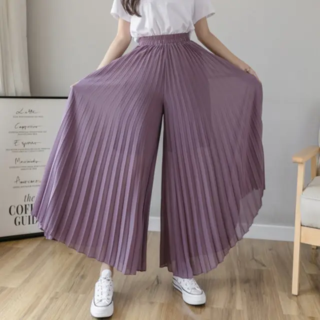 Loose fitting Pleated Chiffon Wide leg Women's High Waist Straight Skirt Pants Purple - Shop at LoveMi