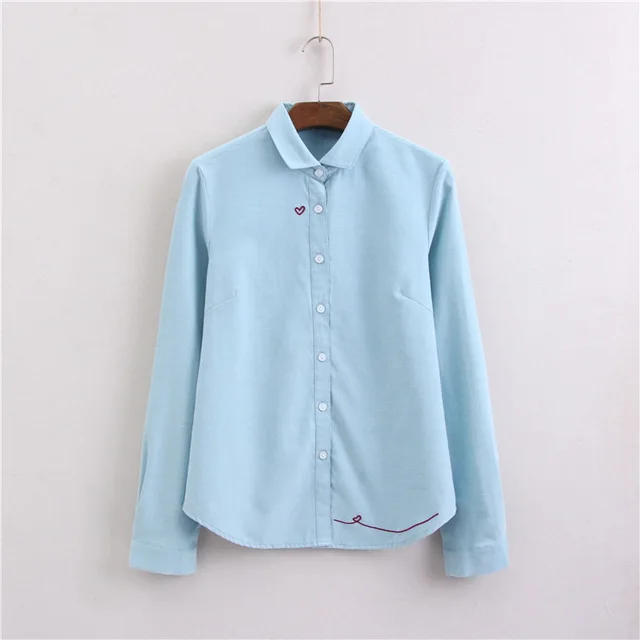 Women's Heart shaped Embroidered Oxford woven Bottoming Shirt Top Blue Green - Shop at LoveMi