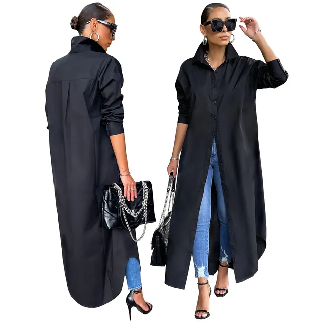 Women's Fashion Casual Solid Color Long Shirt Coat Black - Shop at LoveMi