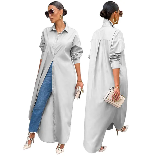 Women's Fashion Casual Solid Color Long Shirt Coat Gray - Shop at LoveMi