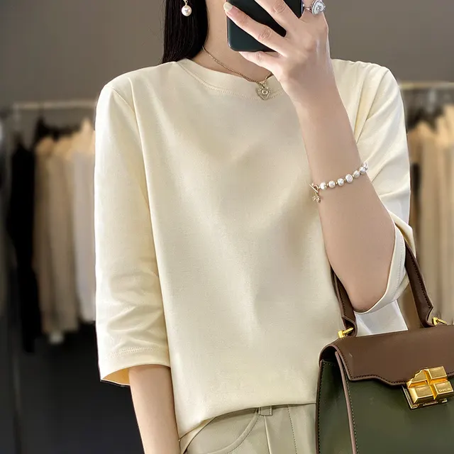 Women's Loose Summer width Mercerized Cotton Short sleeved T shirt Vanilla Yellow - Shop at LoveMi