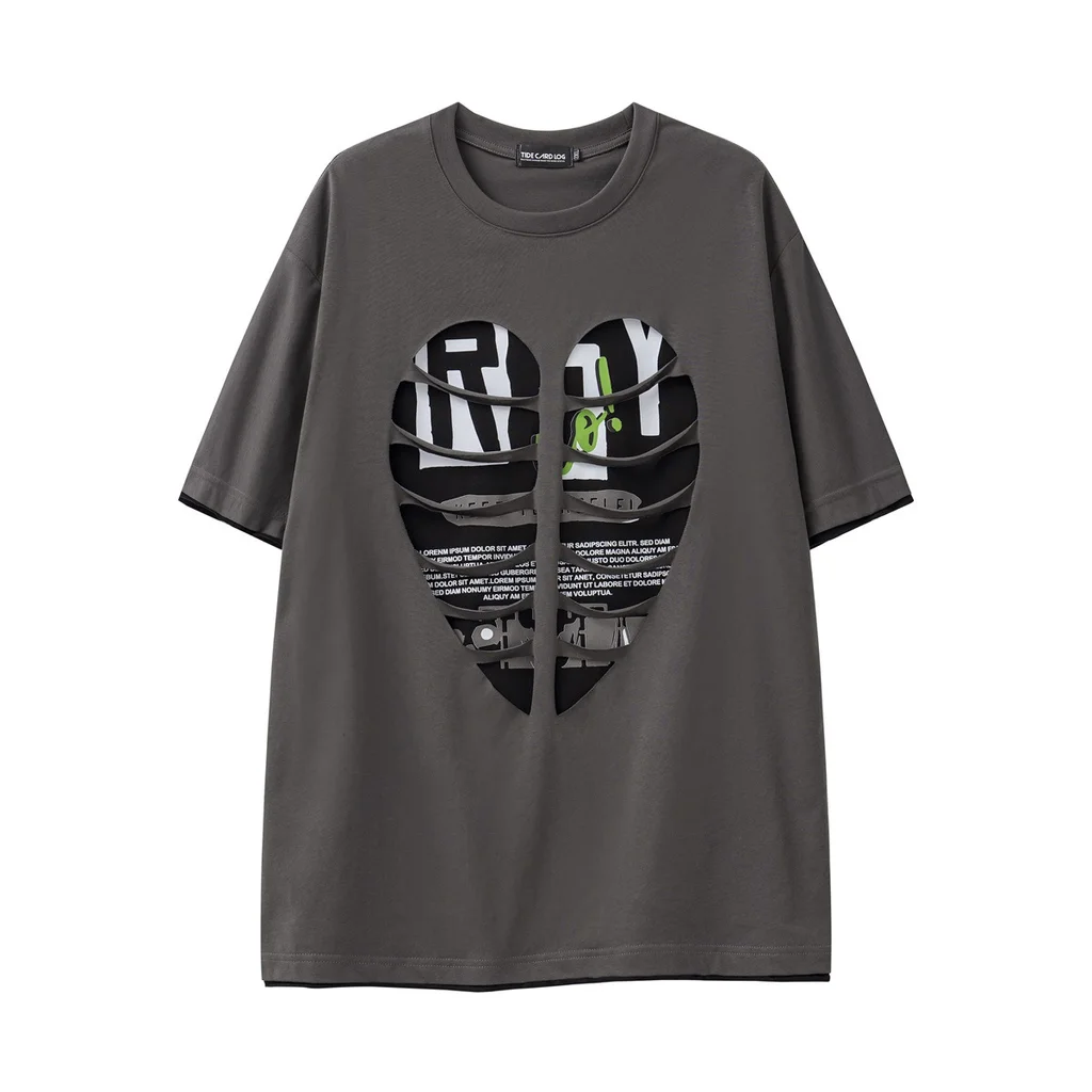 Ripped Hollow-out Stitching Edging Loose Short Sleeve - Gray