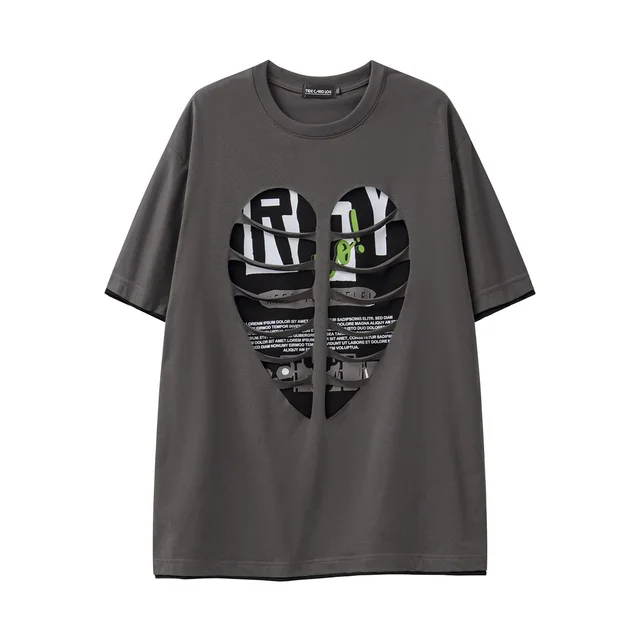 Ripped Hollow out Stitching Edging Loose Short Sleeve Gray - Shop at LoveMi