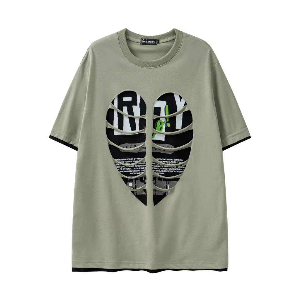 Ripped Hollow-out Stitching Edging Loose Short Sleeve - Green