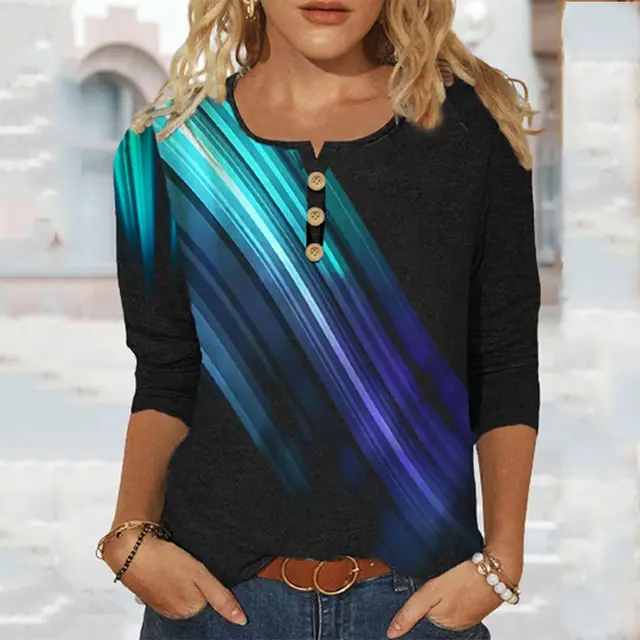 Geometric Floral U neck Button Personality Retro Long Sleeve Black - Shop at LoveMi