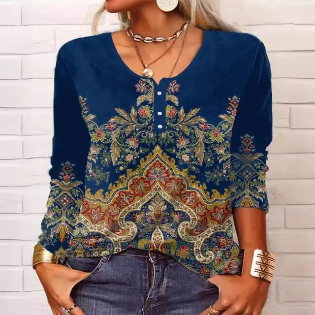 Geometric Floral U neck Button Personality Retro Long Sleeve Blue - Shop at LoveMi
