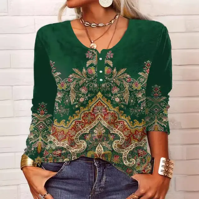 Geometric Floral U neck Button Personality Retro Long Sleeve Green - Shop at LoveMi