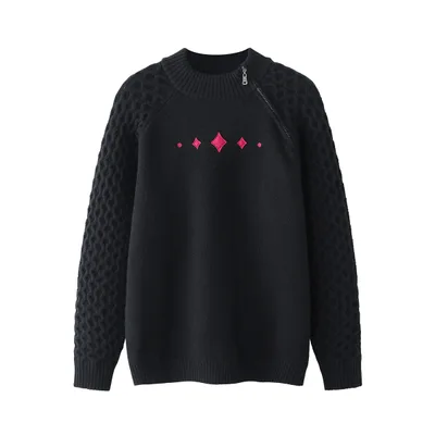 American Retro Simple Pullover Embroidered Sweater Black - Shop at LoveMi