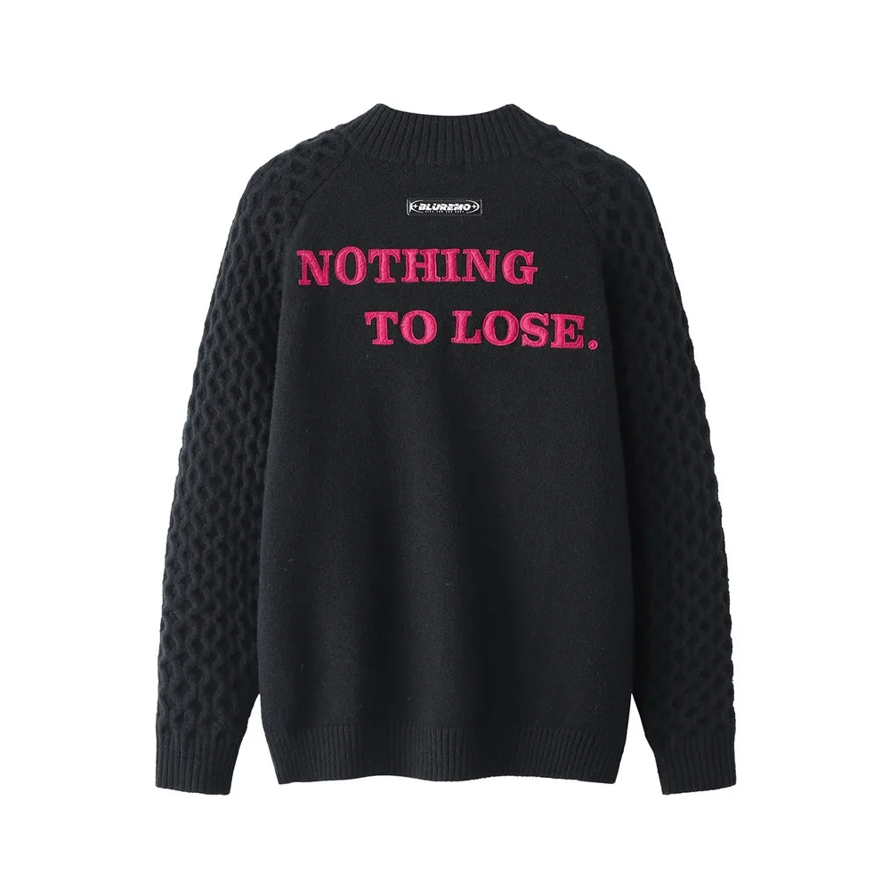 American Retro Simple Pullover Embroidered Sweater Black - Shop at LoveMi