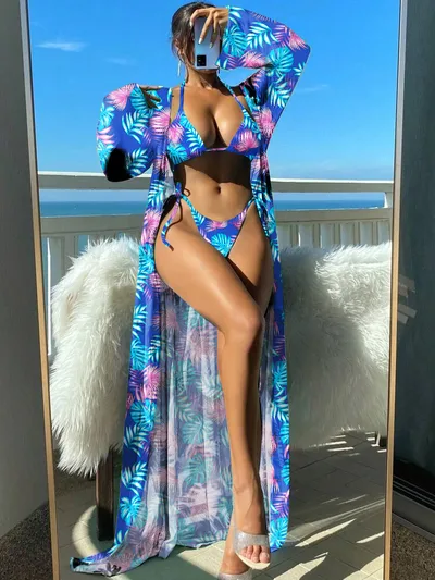 Split Long Sleeve Ins Blouse Banded Bikini Purple - Shop at LoveMi
