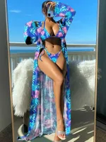 Split Long Sleeve Ins Blouse Banded Bikini - Purple