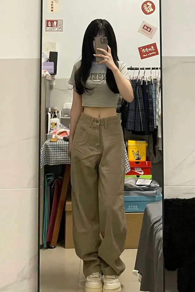 Khaki Narrow Wide leg Jeans High Waist All matching Straight Mop Pants Khaki - Shop at LoveMi