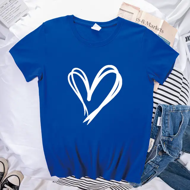 Simple Double Love Pattern Printed Loose Short Sleeve Colorful Blue - Shop at LoveMi