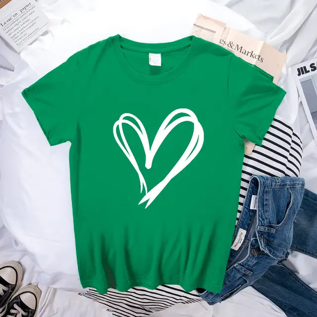 Simple Double Love Pattern Printed Loose Short Sleeve Grass Green - Shop at LoveMi