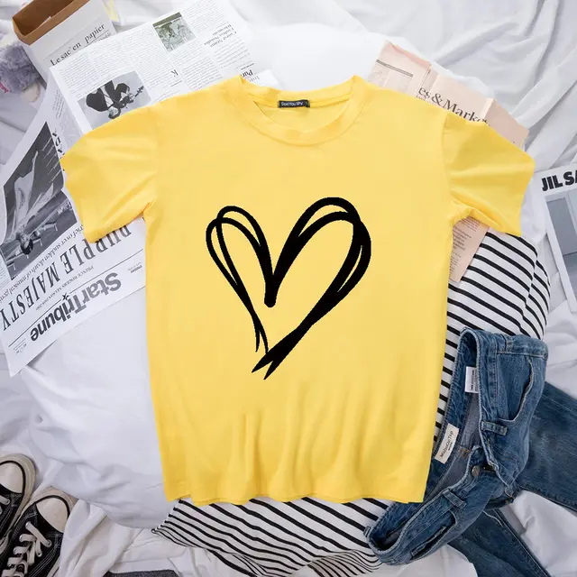 Simple Double Love Pattern Printed Loose Short Sleeve Yellow - Shop at LoveMi
