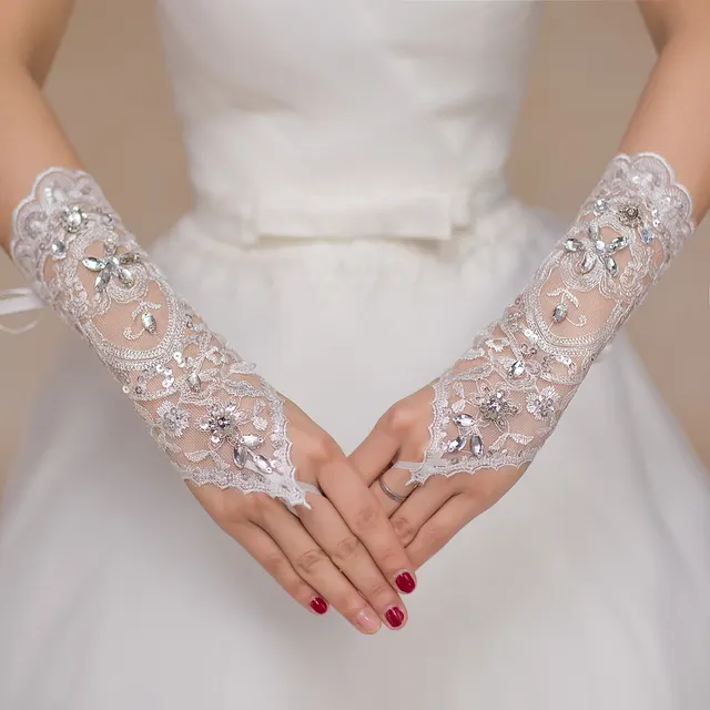 New Bridal Lace Sewing Diamond Wedding Gloves Short Wedding Accessories Beige - Shop at LoveMi