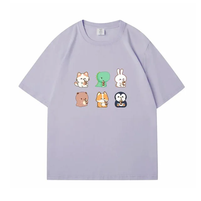 Boba Love Friend Loose Round Neck Print T shirt Purple - Shop at LoveMi