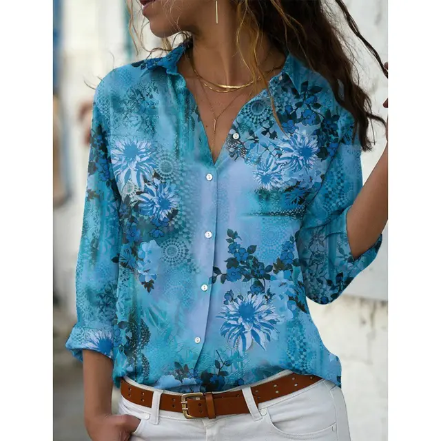 Women's Printed Long sleeved Lapel Shirt Blue - Shop at LoveMi