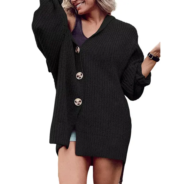 Women's Lapel Pocket Knitted Cardigan Button Mid length Coat Black - Shop at LoveMi