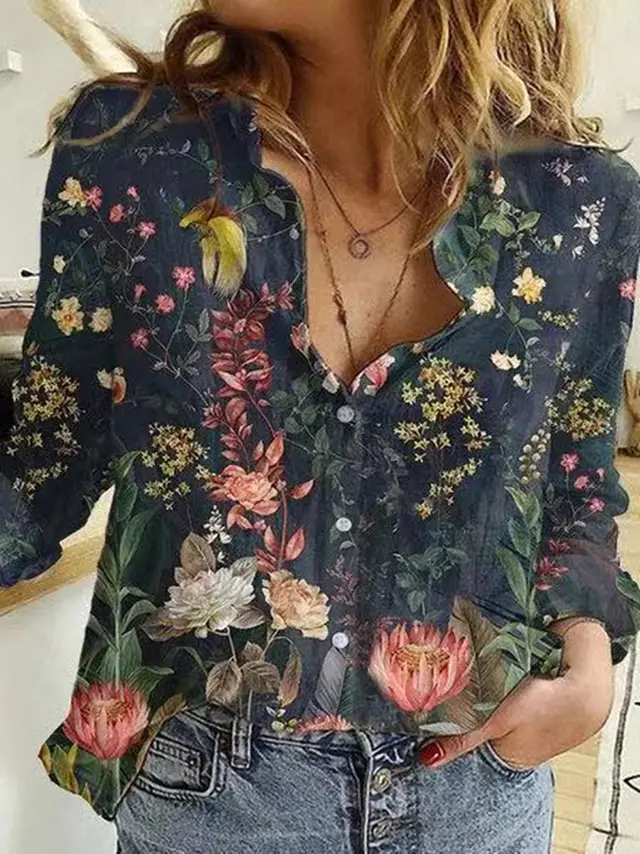 Digital Printing Long Sleeve Lapel Casual Shirt Dark Blue - Shop at LoveMi