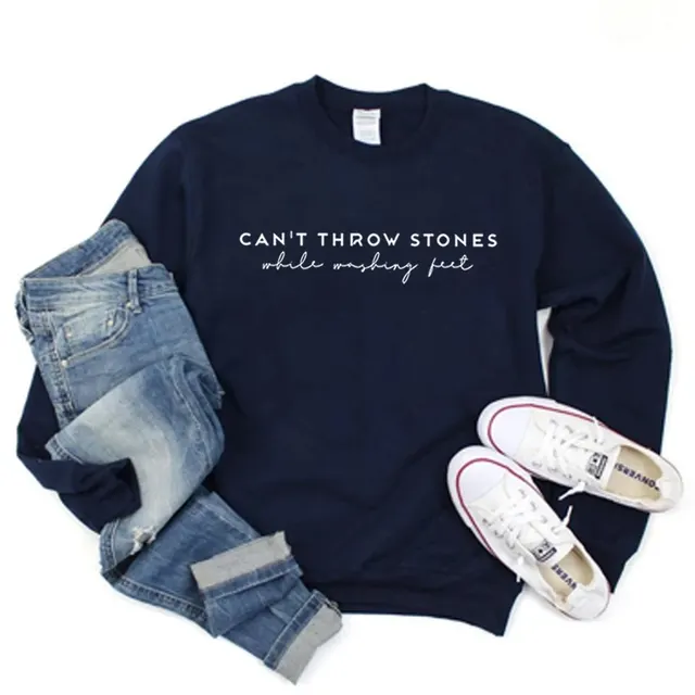 Women's Plain Slogan Floral Print Long Sleeve Pullover Navy Blue - Shop at LoveMi