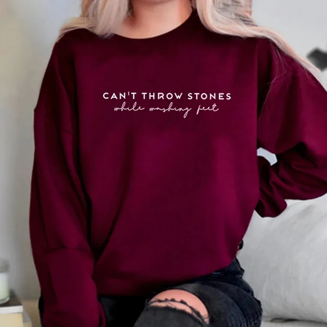 Women's Plain Slogan Floral Print Long Sleeve Pullover Wine Red - Shop at LoveMi