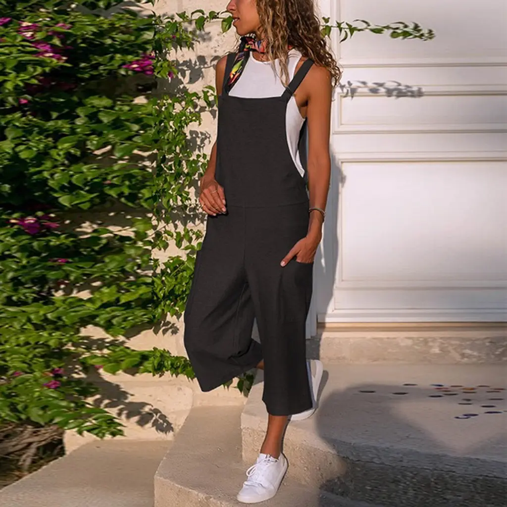 Cotton And Linen Casual Loose Long Wide Leg Jumpsuit - Black