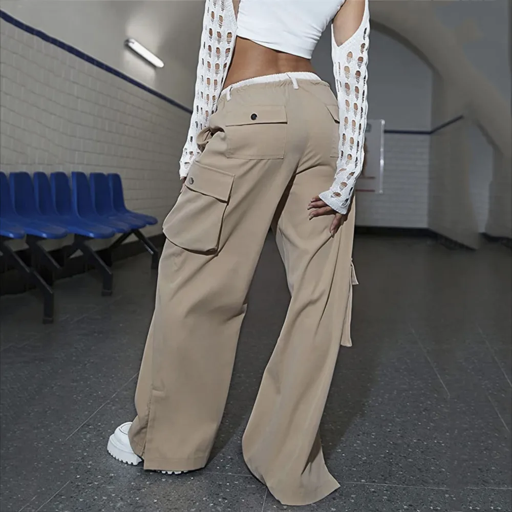 Fake Two-piece Pocket Zipper Casual Pants - Khaki