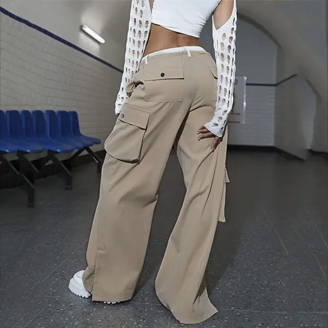 Fake Two piece Pocket Zipper Casual Pants Khaki - Shop at LoveMi