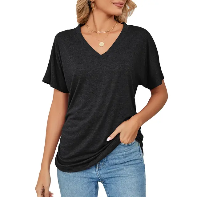 Leisure Pullover V neck Solid Color Loose T shirt Women's Top Black - Shop at LoveMi