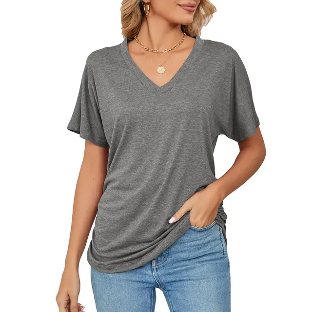Leisure Pullover V neck Solid Color Loose T shirt Women's Top Gray - Shop at LoveMi