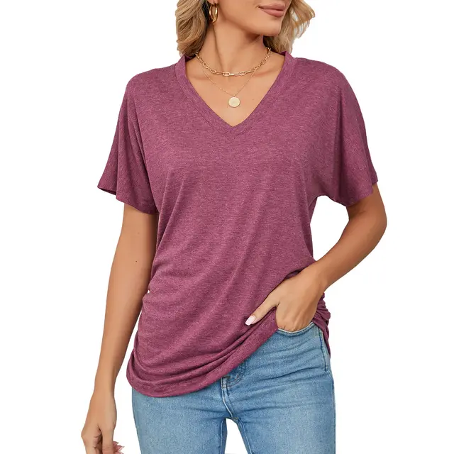 Leisure Pullover V neck Solid Color Loose T shirt Women's Top Wine Red - Shop at LoveMi
