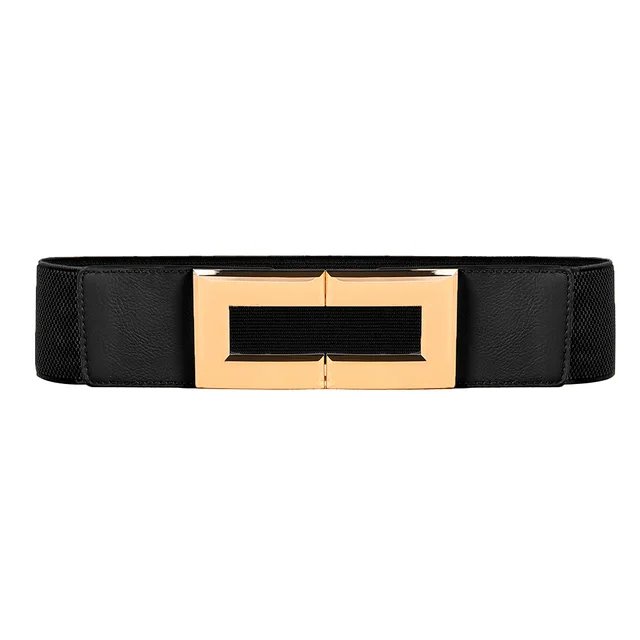 Women's Simple Temperament Elastic Wide Belt Metal Square Buckle Belt Suit Jacket Dress Multi colored Casual Belt Black - Shop at LoveMi