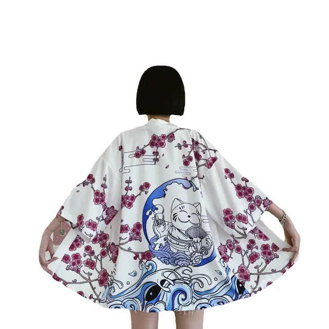 Artistic Lucky Cat Pattern Sun Protection Clothing Cardigan White - Shop at LoveMi