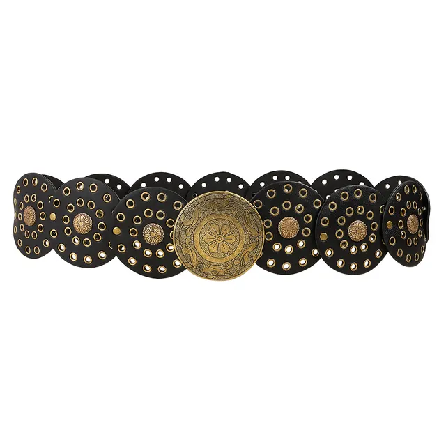 Retro Personality Men's And Women's Belts Exaggerated Hip Hop Punk Metal Cutout Round Fashion Belts Gold Black - Shop at LoveMi
