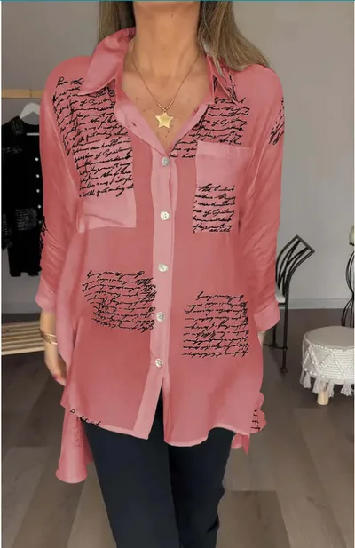 Letter Print Long Sleeve Shirt Fashion Commuter Style Lapel Shirt Women's Clothing Rose Red - Shop at LoveMi