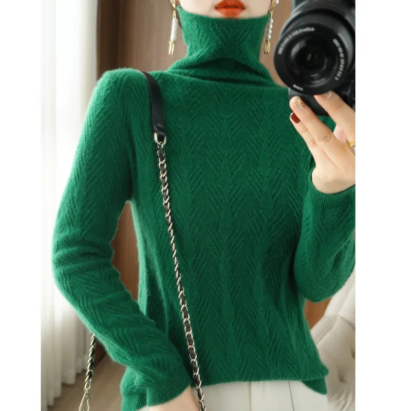Pure Wool Cascading Collar Pullover Loose Sweater - Emerald