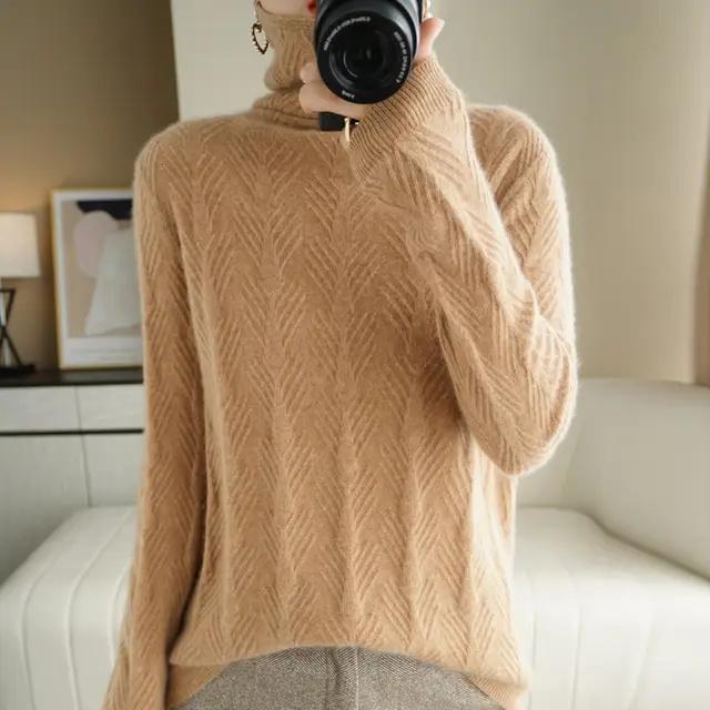Pure Wool Cascading Collar Pullover Loose Sweater Golden Camel - Shop at LoveMi