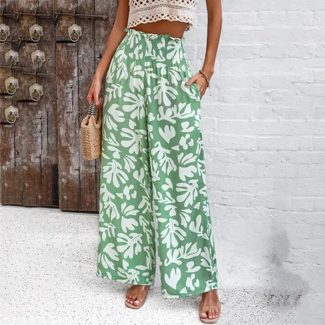 Women's Elegant Printed Loose Trousers Green - Shop at LoveMi