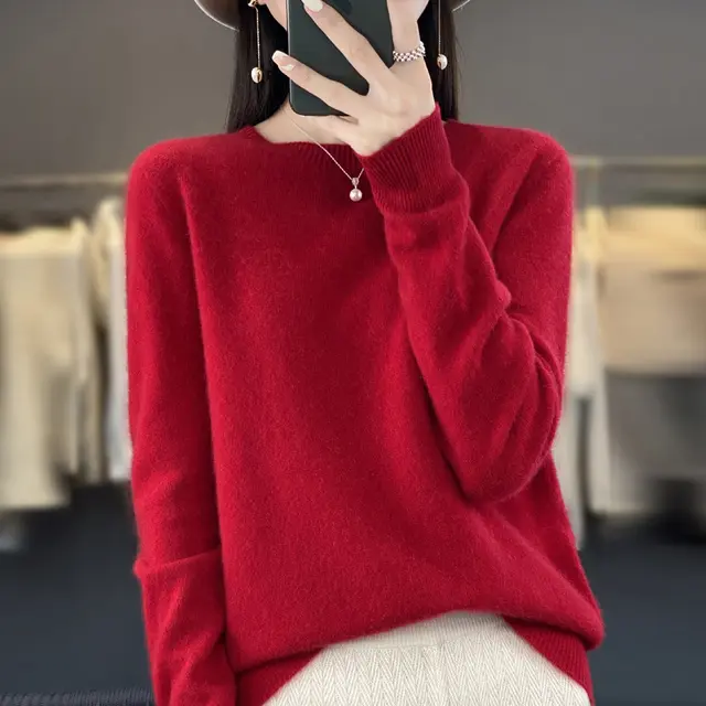 Women's Knitted Loose Cashmere Sweater Cherry Red - Shop at LoveMi