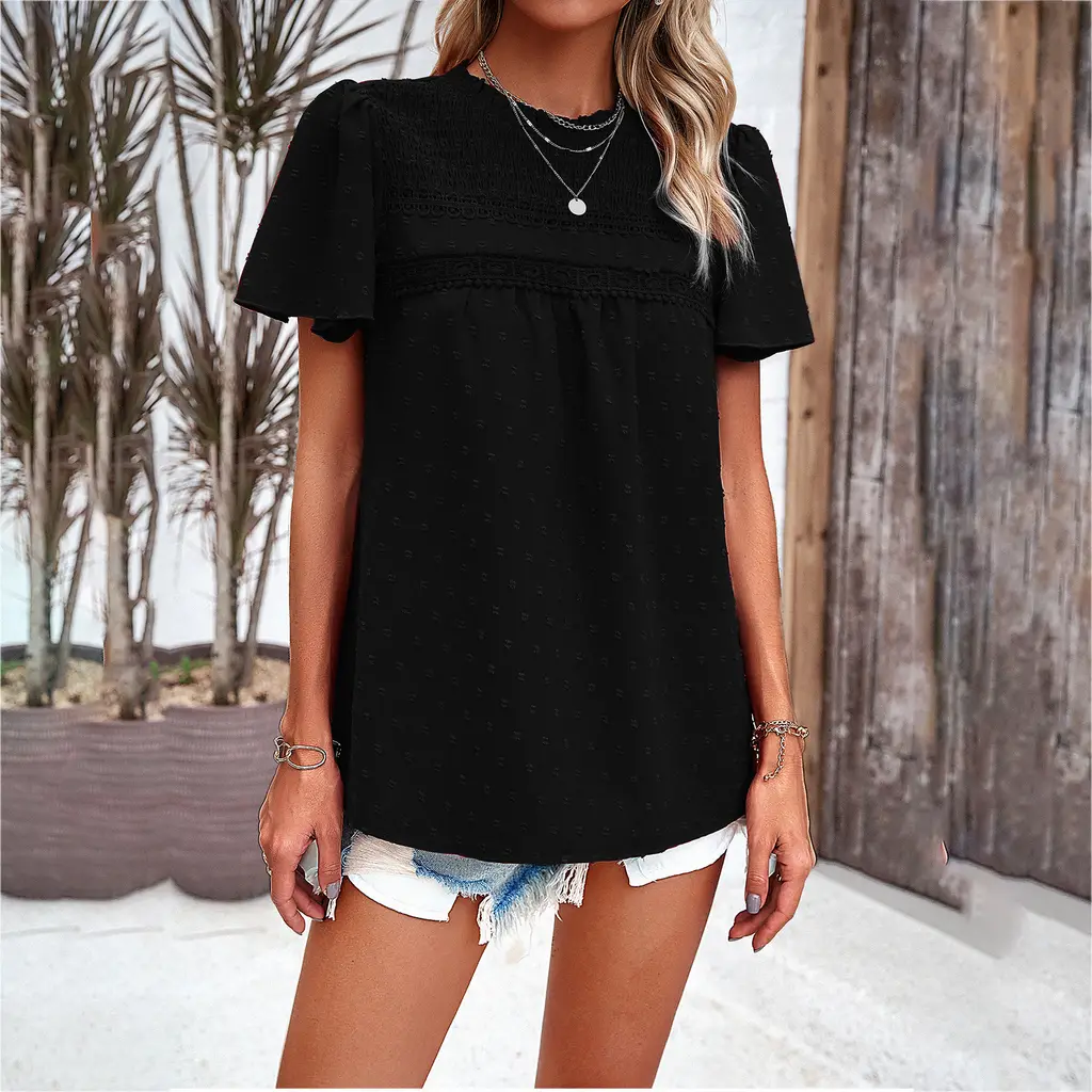Women's Solid Color Short-sleeved Patchwork Top - Black