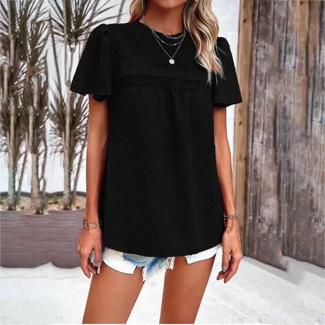 Women's Solid Color Short sleeved Patchwork Top Black - Shop at LoveMi