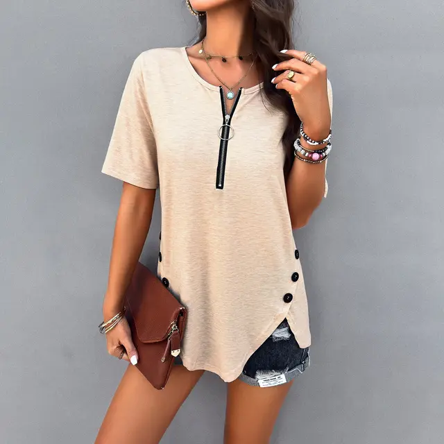 Women's Temperament Pure Color Short sleeved Top Apricot - Shop at LoveMi