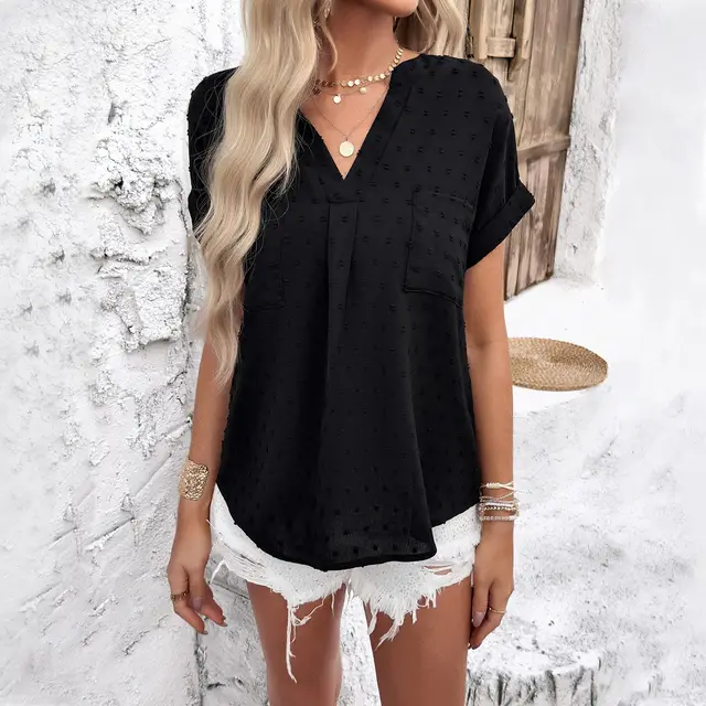 Women's Solid Color Short Sleeve V neck Shirt Black - Shop at LoveMi